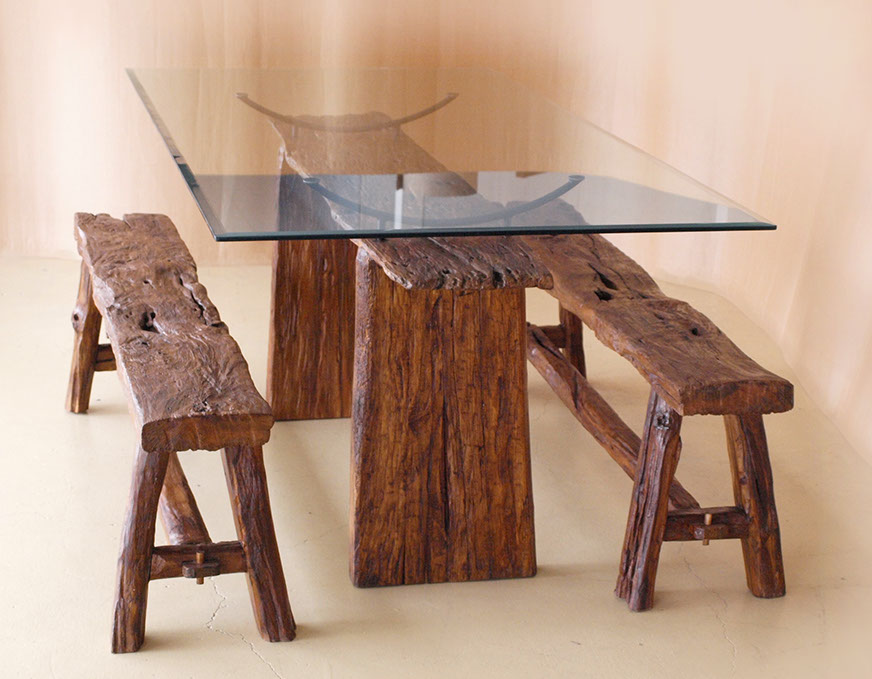 古木テーブル　ガラステーブル　アジアン